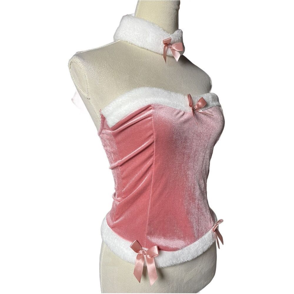 Pink Velvet Faux-Fur Trim Corset Bodice with Fluffy White Collar (Size: Large)